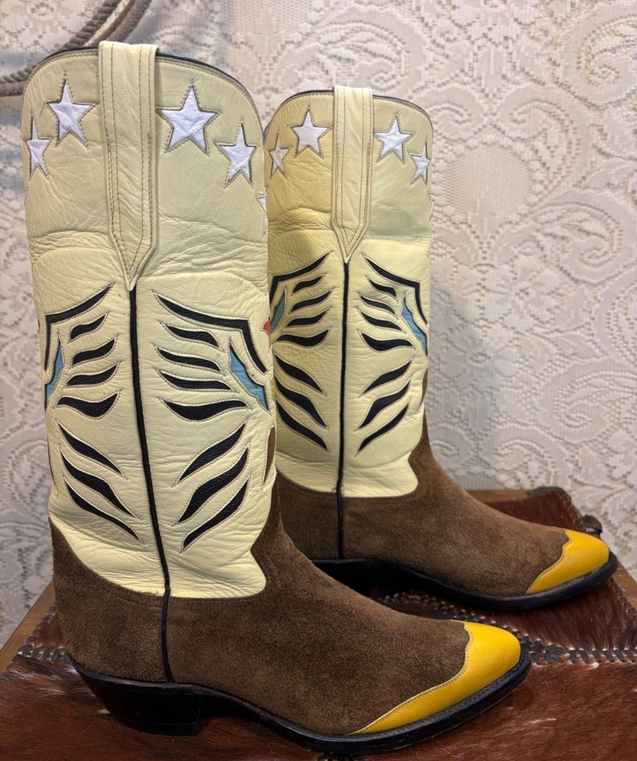 Handcrafted RJ of El Paso Western Heeled Boots in Yellow and Brown suede size 9