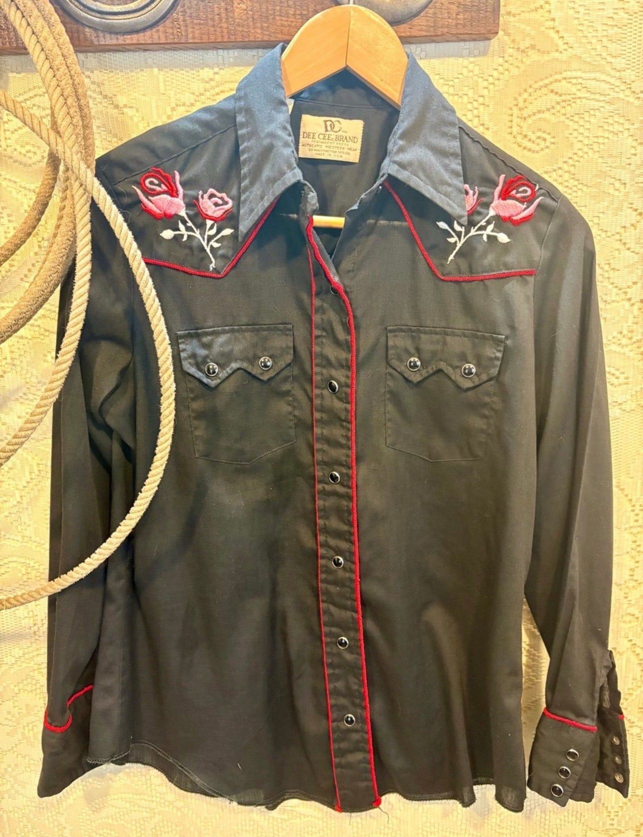 Vintage Dee Cee Western Embroidered Button-Down Shirt - Black with Red Trim