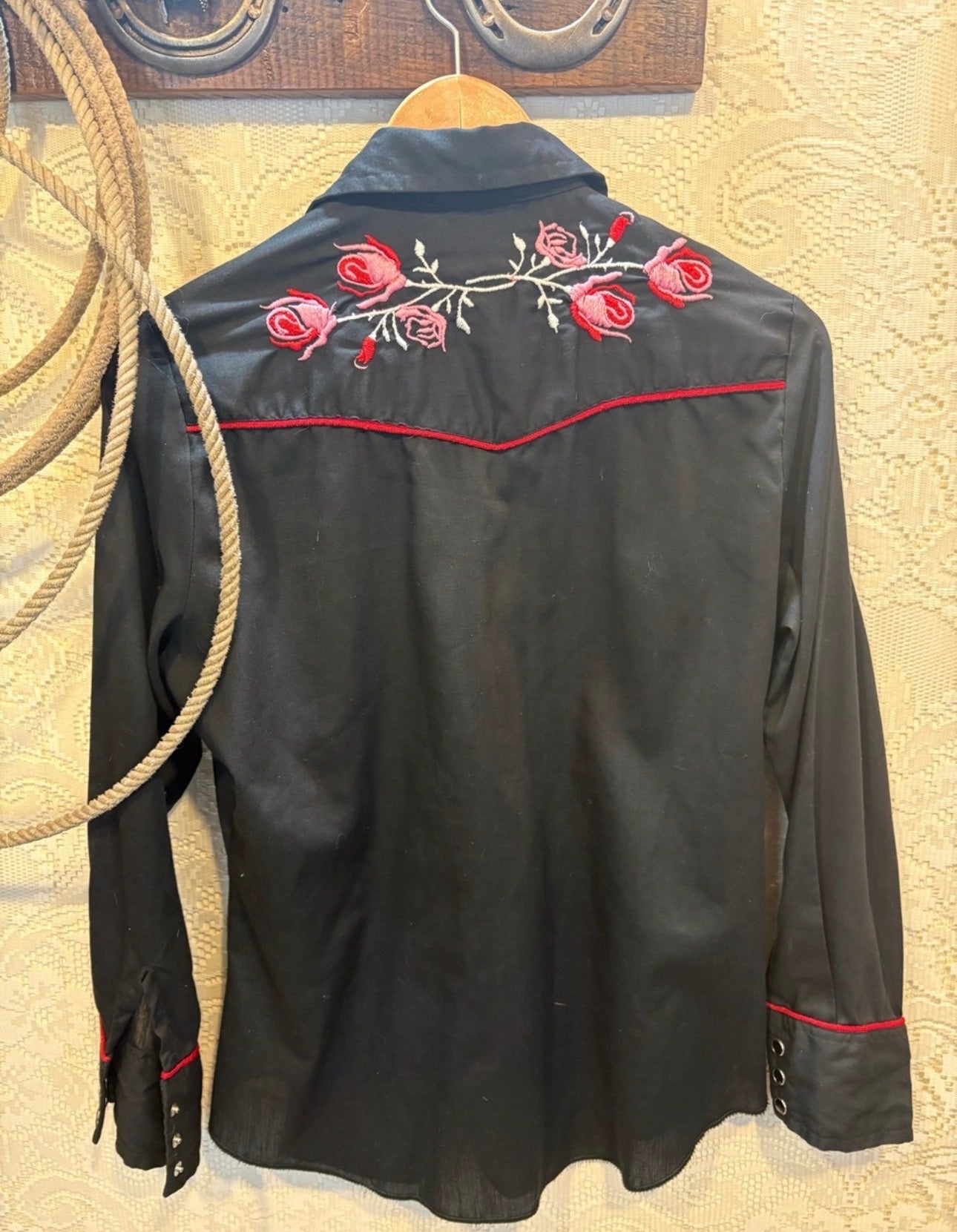 Vintage Dee Cee Western Embroidered Button-Down Shirt - Black with Red Trim