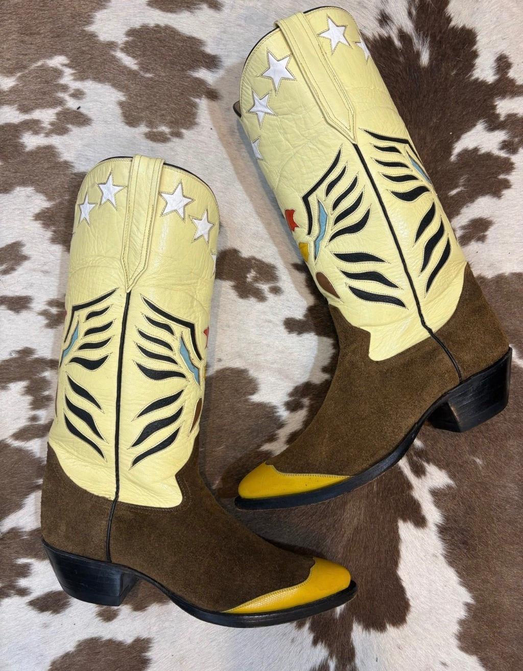 Handcrafted RJ of El Paso Western Heeled Boots in Yellow and Brown suede size 9