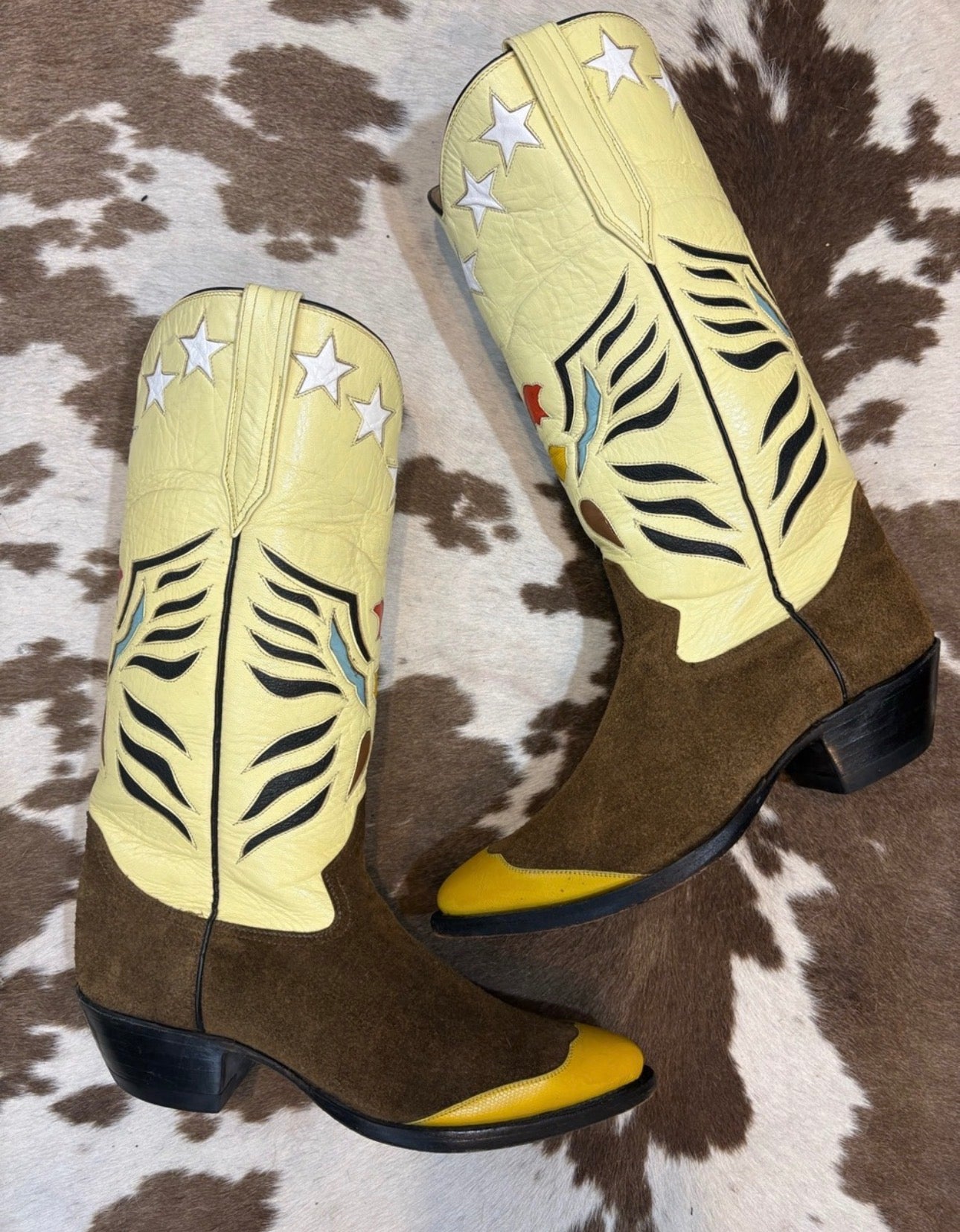 Handcrafted RJ of El Paso Western Heeled Boots in Yellow and Brown suede size 9