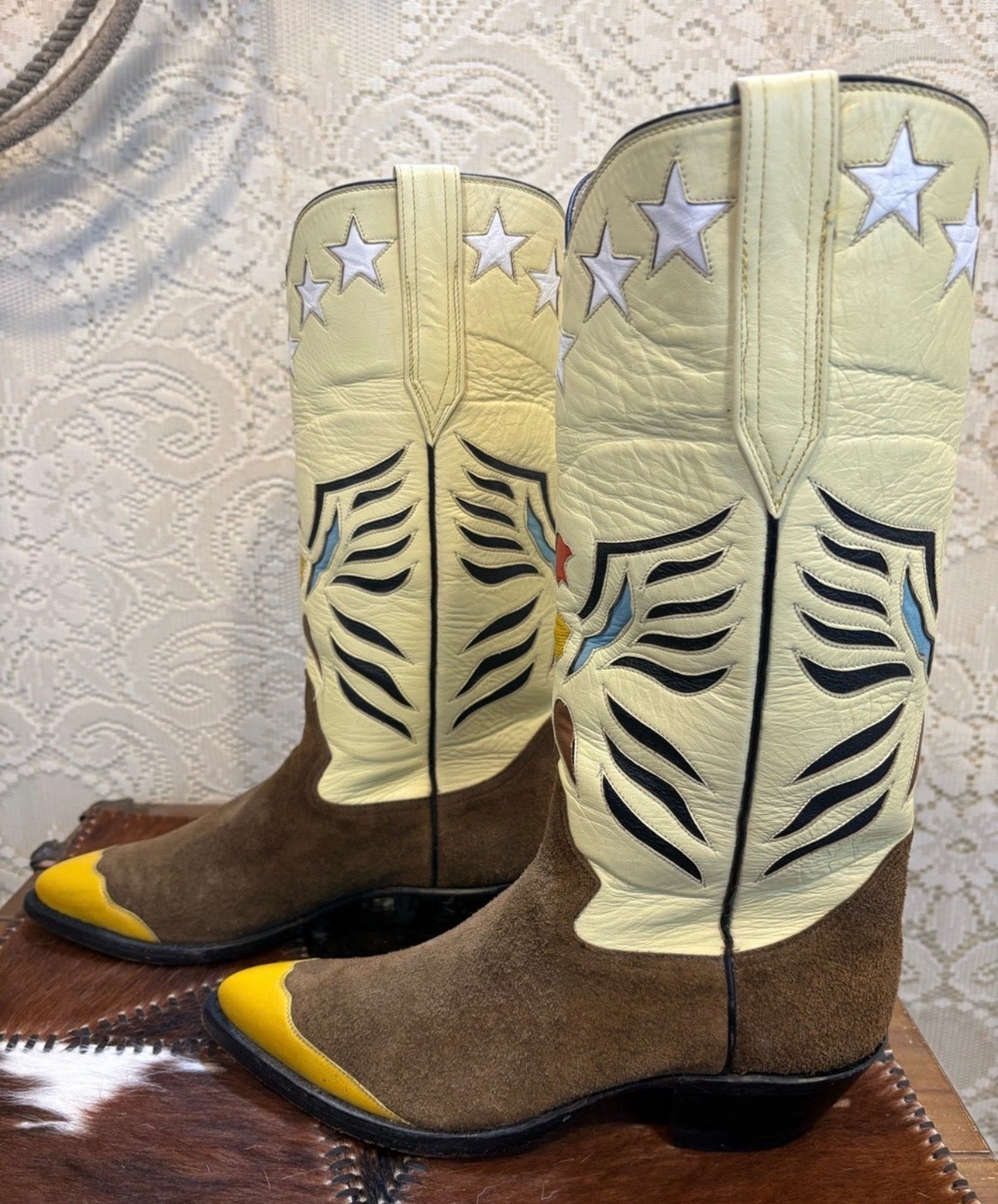 Handcrafted RJ of El Paso Western Heeled Boots in Yellow and Brown suede size 9