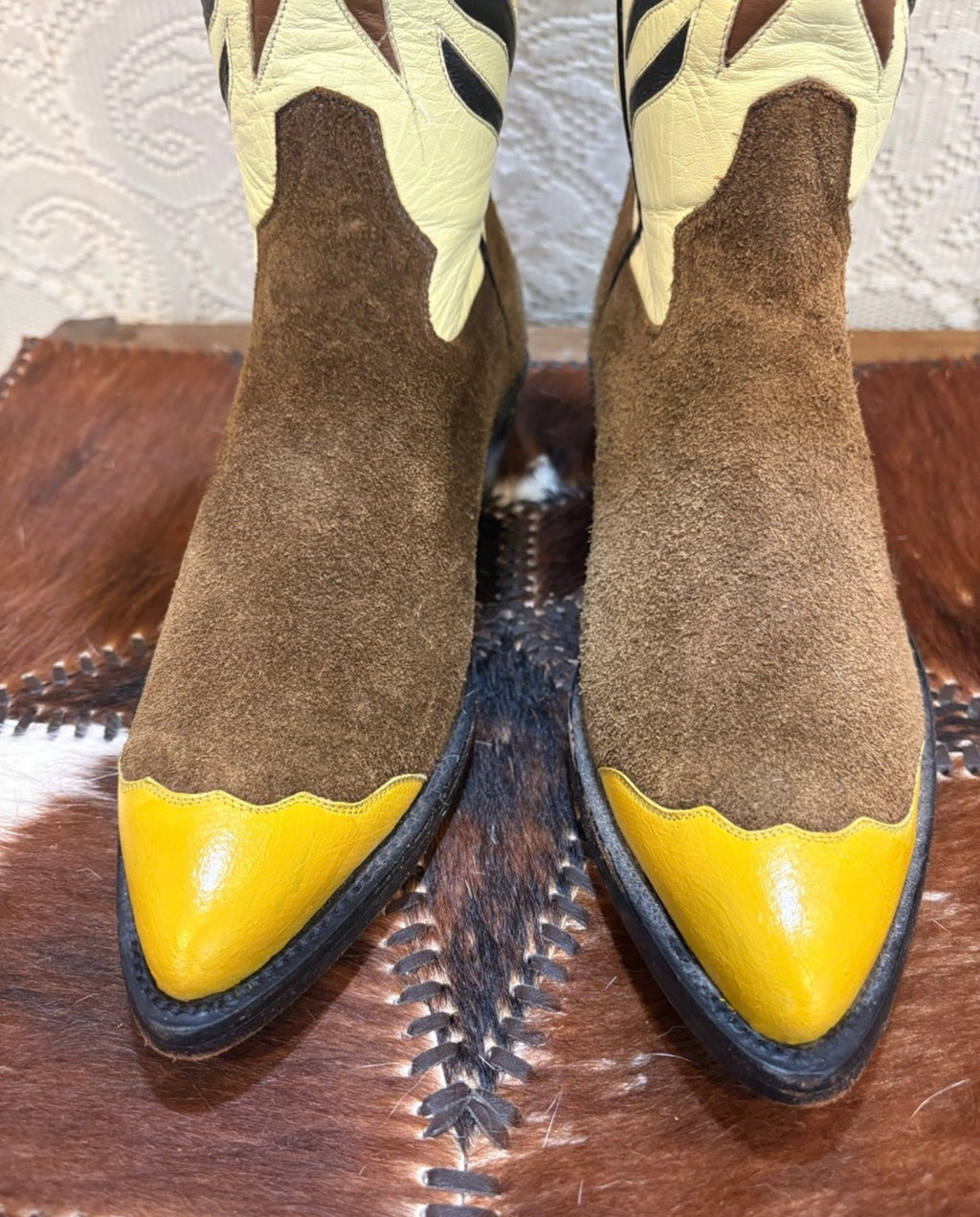 Handcrafted RJ of El Paso Western Heeled Boots in Yellow and Brown suede size 9