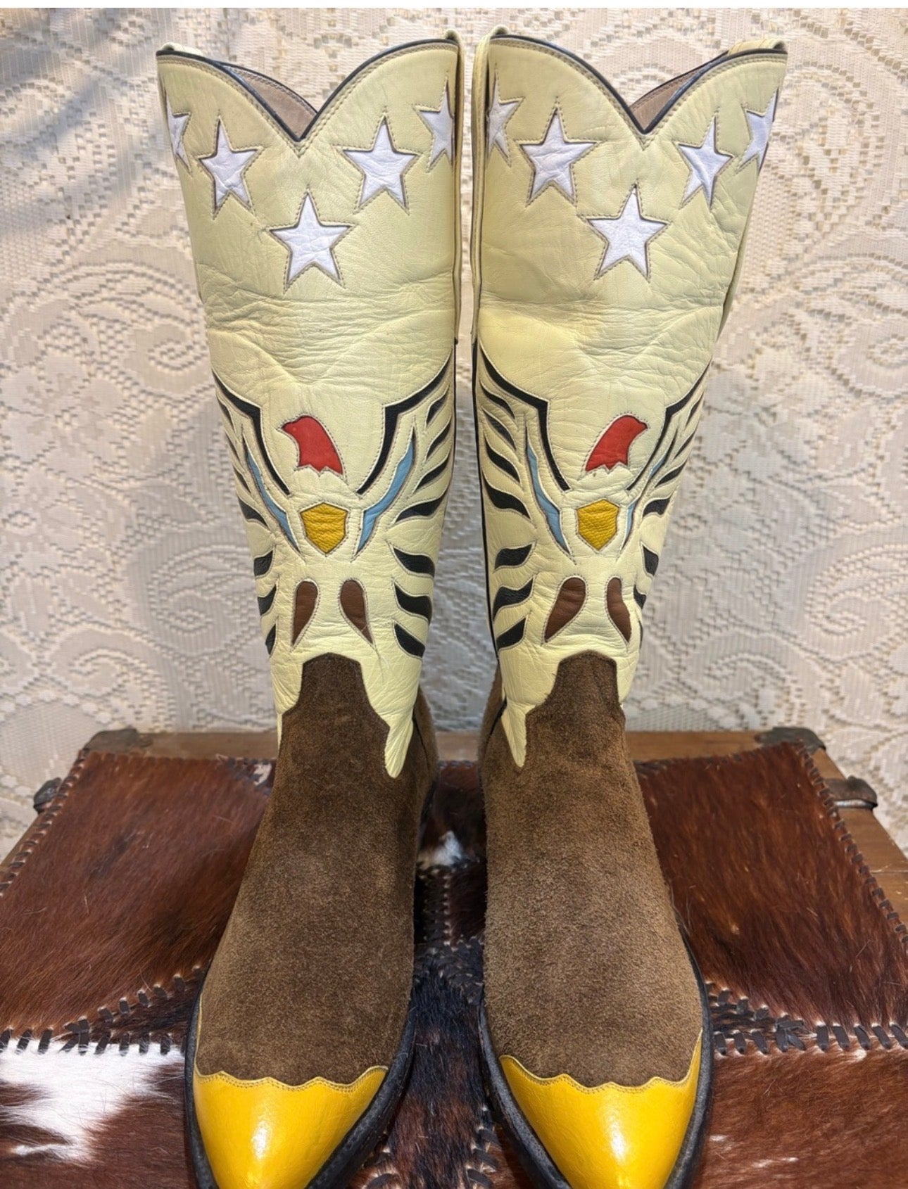 Handcrafted RJ of El Paso Western Heeled Boots in Yellow and Brown suede size 9