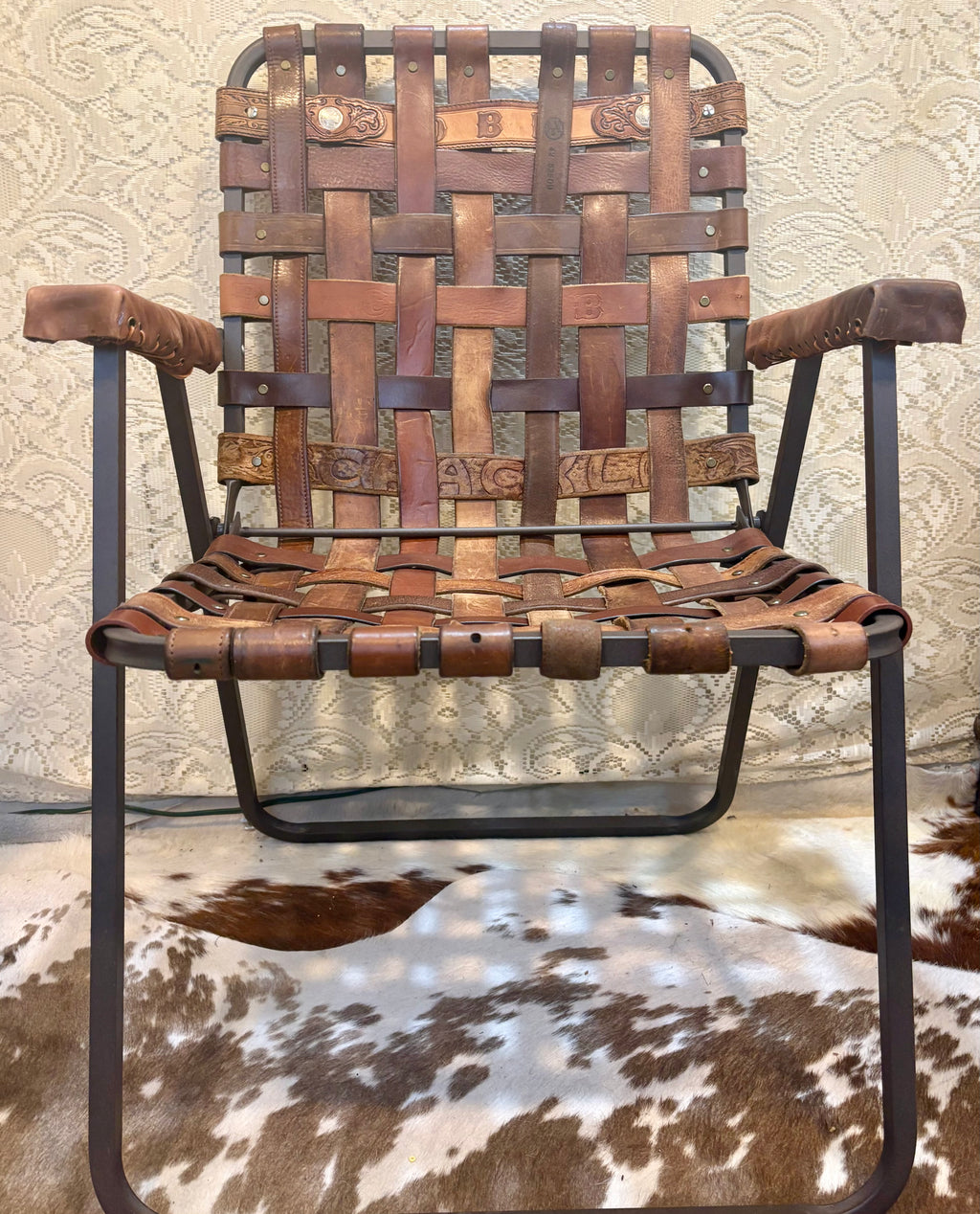 Handcrafted Vintage Western Leather Belt Lawn Chair