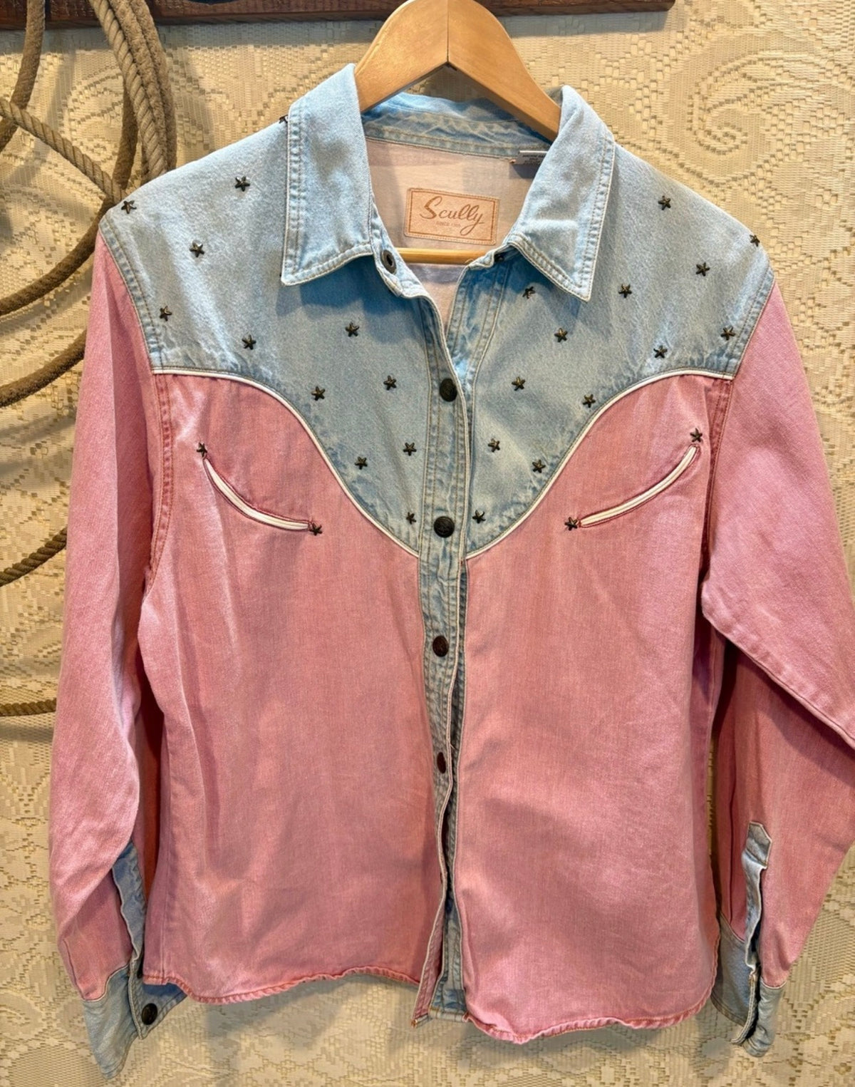 Scully Pink and Light Blue Western Shirt with Eagle Flag Back