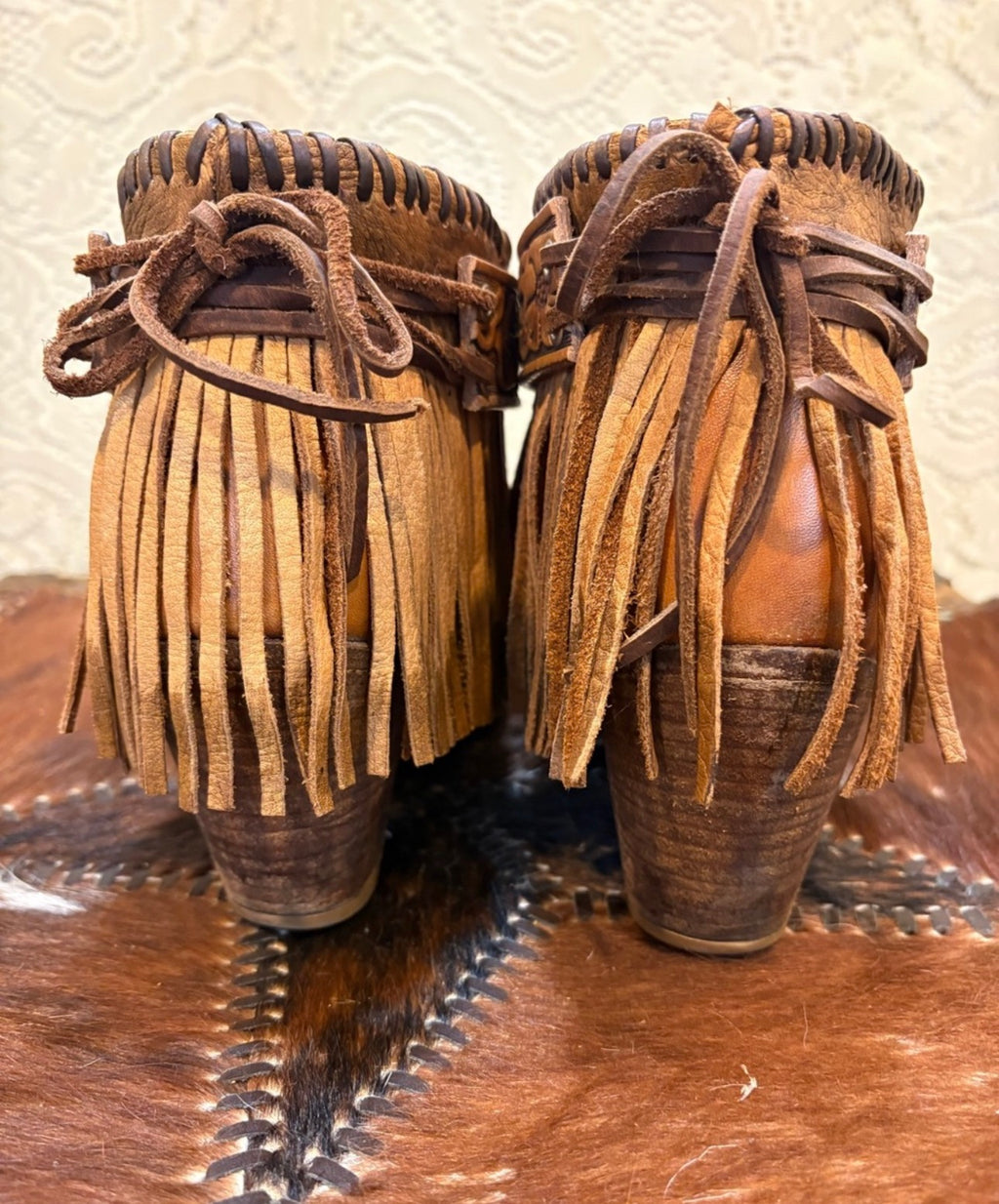 Vintage Tan Leather Fringe Ankle Boots