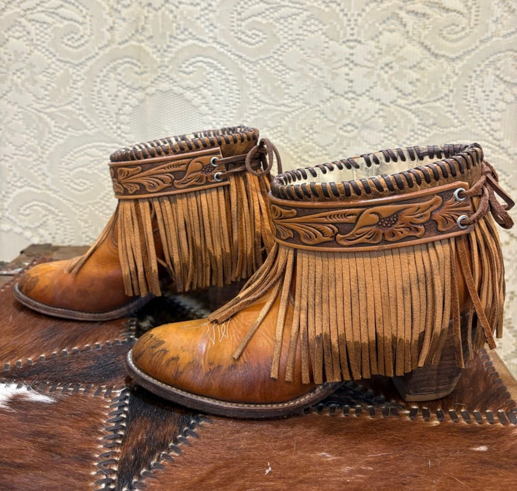 Vintage Tan Leather Fringe Ankle Boots