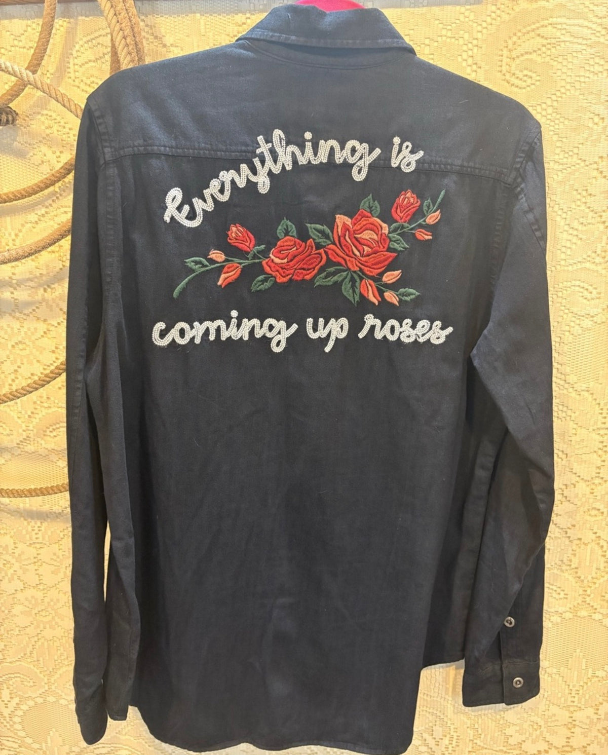 Rock & Roll Cowgirl Black  Button Up Shirt with Pink Trim and White Embroidery and Red Roses size Large