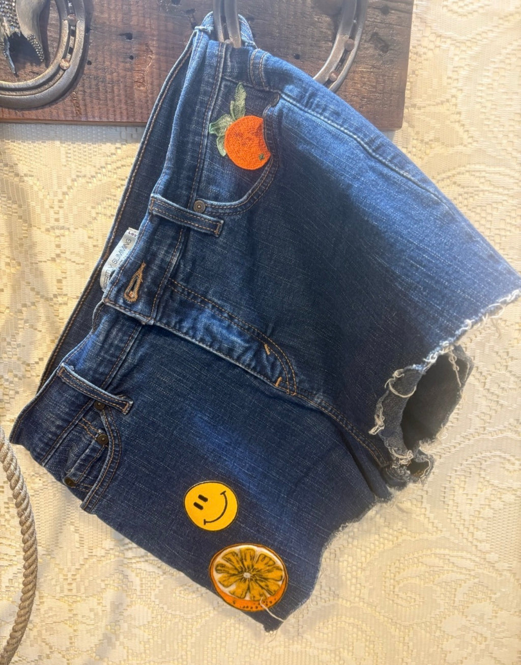 Levi's Dark Blue Denim Shorts with Fruit & Smiley Patches size 12