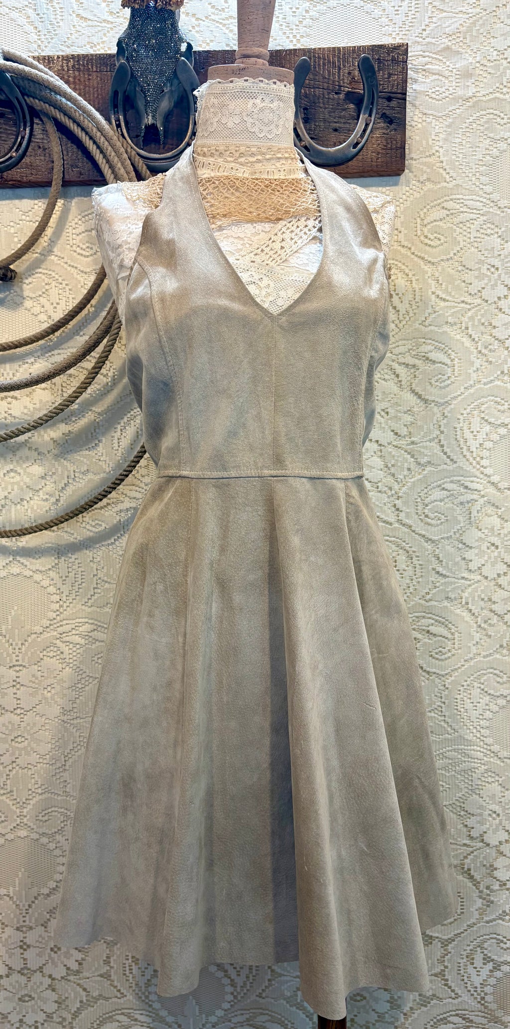 Handcrafted Vintage Suede Halter Skater Dress Size Small