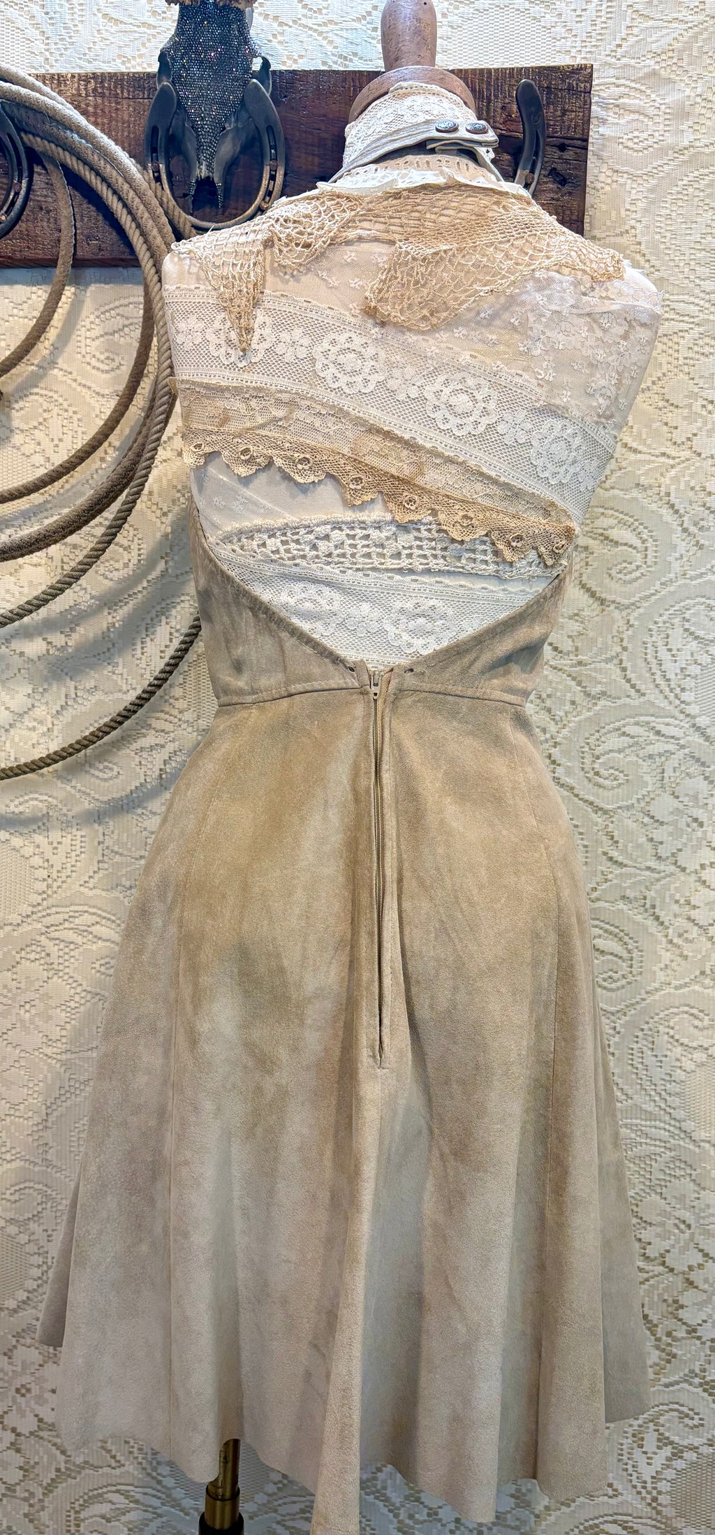 Handcrafted Vintage Suede Halter Skater Dress Size Small
