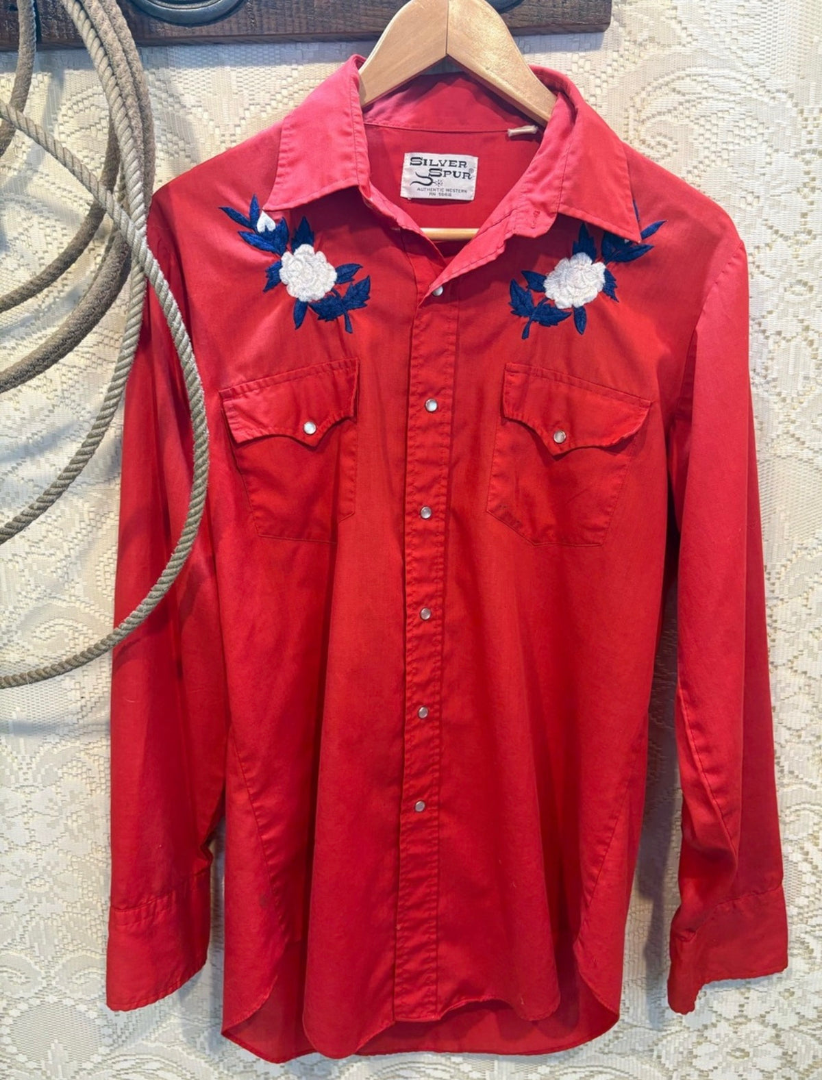 Vintage Red Western Button-Down Shirt with White Floral Embroidery