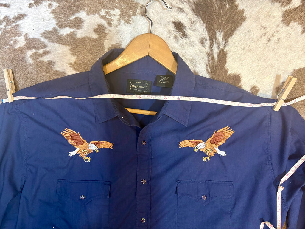 Vintage Men’s Navy Snap Shirt with Embroidered Eagles size XL