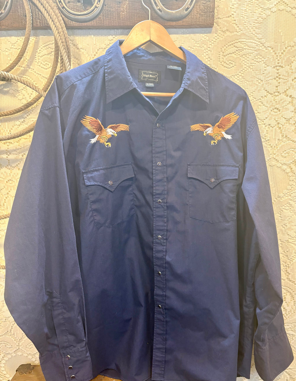 Vintage Men’s Navy Snap Shirt with Embroidered Eagles size XL