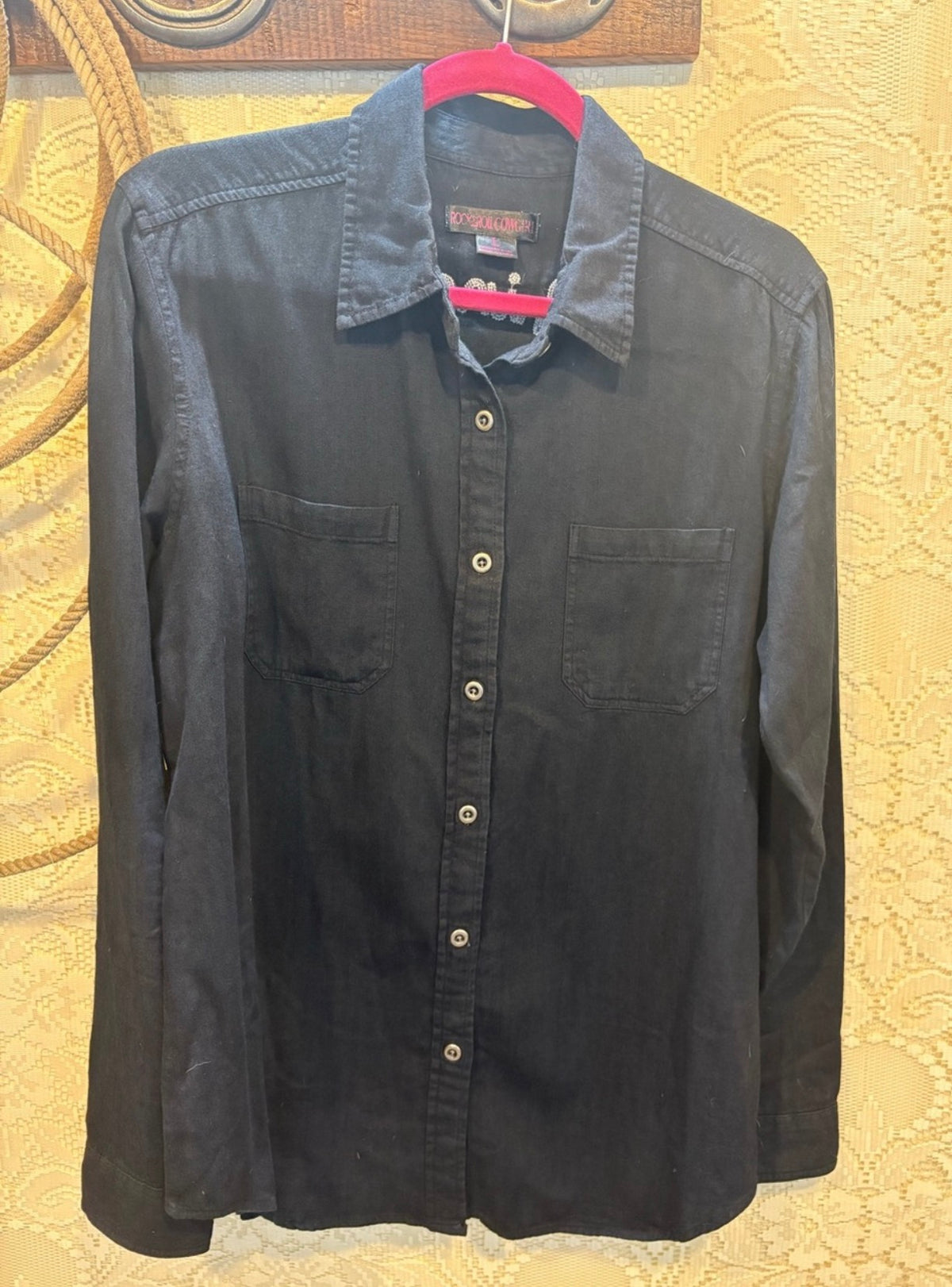 Rock & Roll Cowgirl Black  Button Up Shirt with Pink Trim and White Embroidery and Red Roses size Large