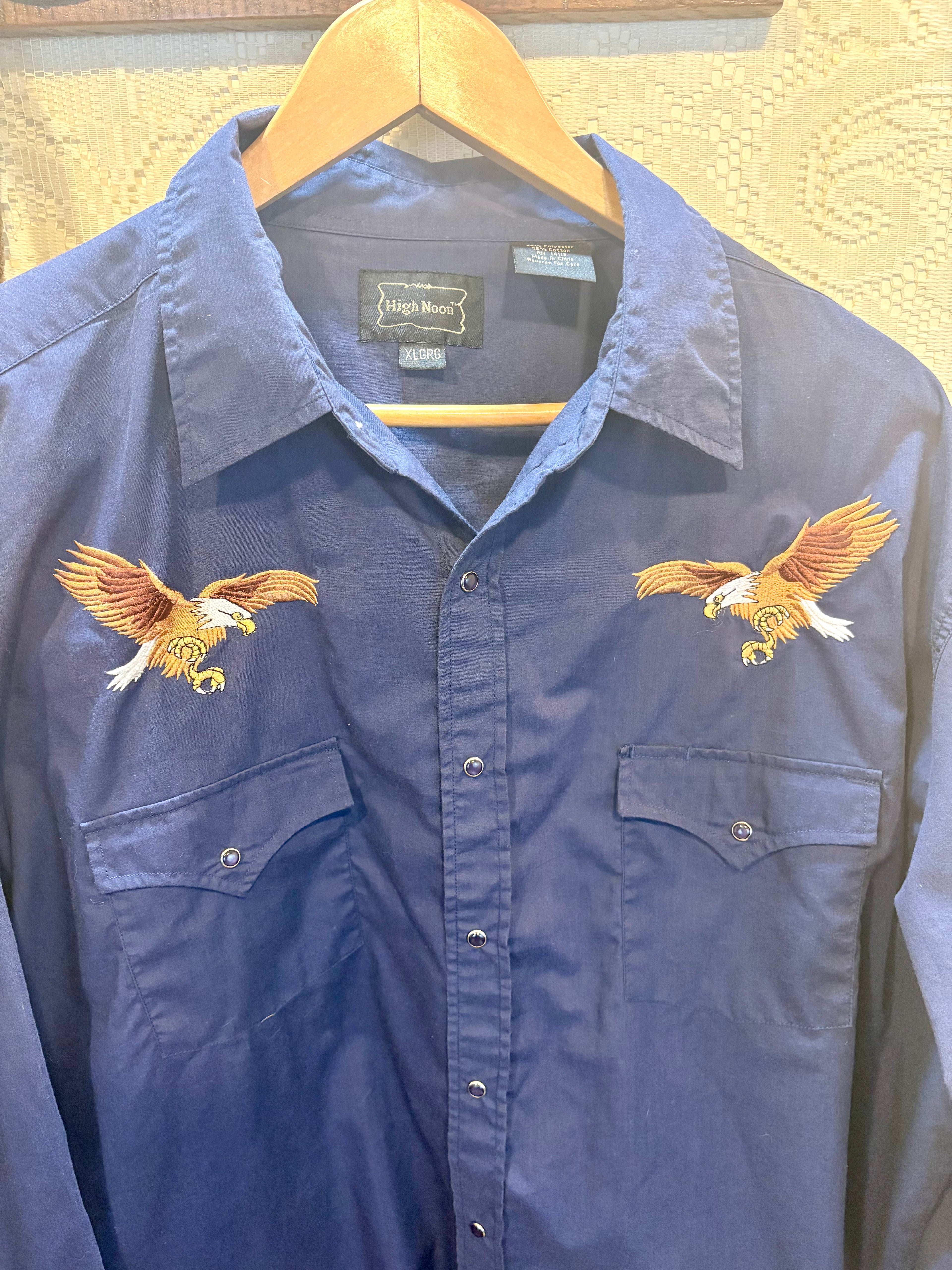 Vintage Men’s Navy Snap Shirt with Embroidered Eagles size XL