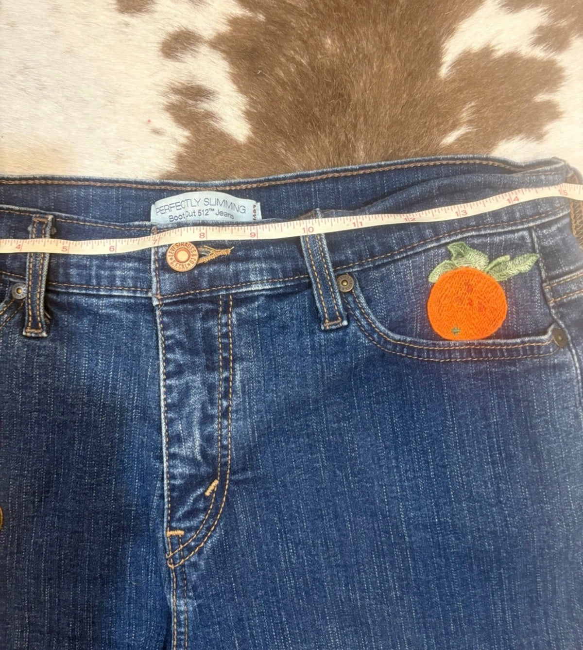 Levi's Dark Blue Denim Shorts with Fruit & Smiley Patches size 12