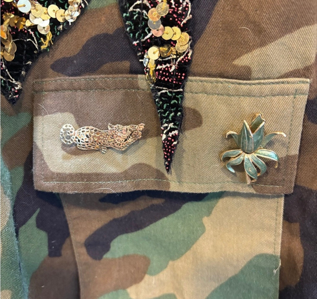 Camouflage Utility Jacket with Embroidered Accents and vintage pins