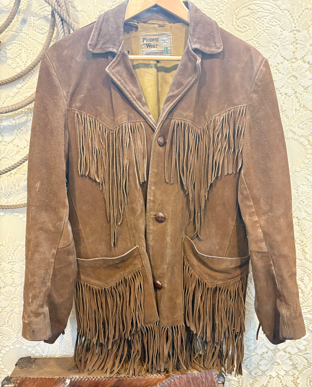 1970s Pioneer Wear Tan Suede Fringe Jacket 36