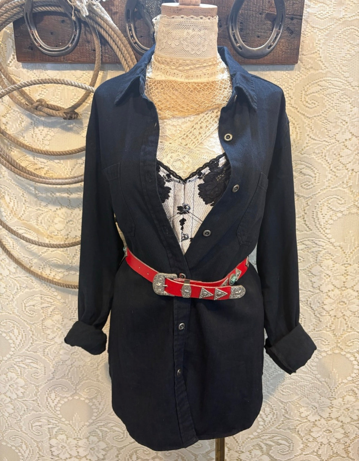 Rock & Roll Cowgirl Black  Button Up Shirt with Pink Trim and White Embroidery and Red Roses size Large