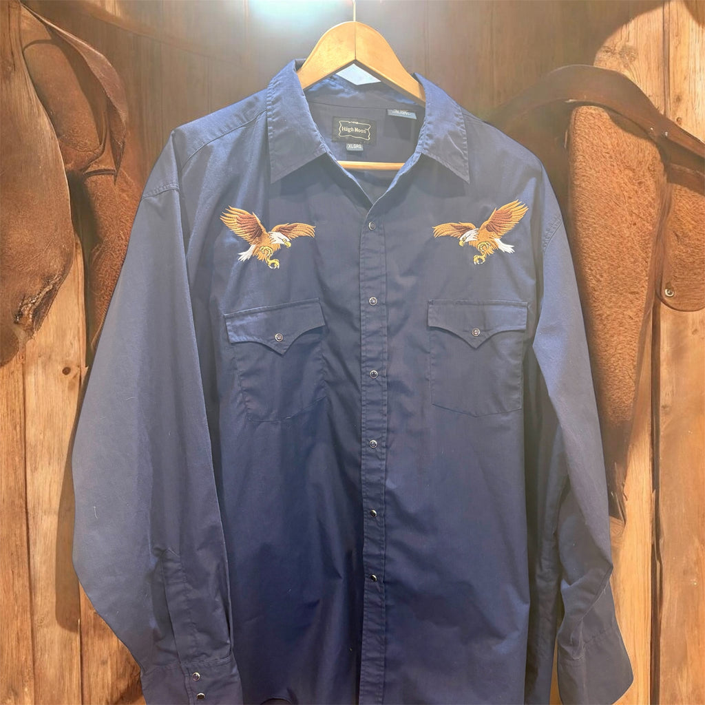 Vintage Men’s Navy Snap Shirt with Embroidered Eagles size XL