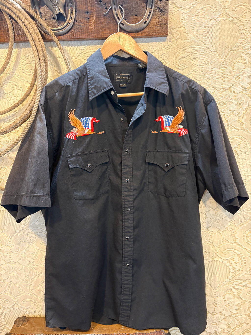 Vintage Blavk Short Sleeve Western Snap Shirt L
