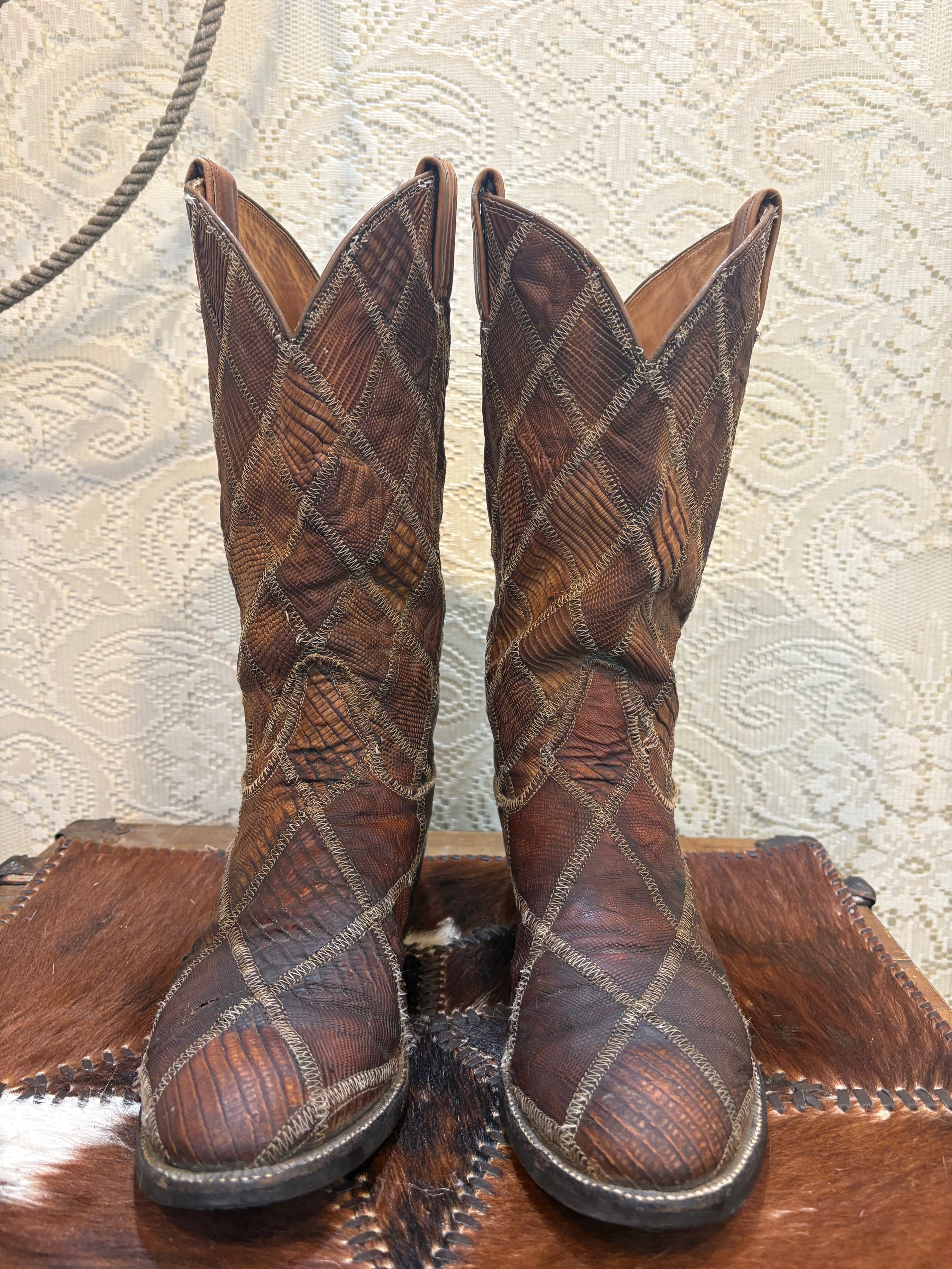 Vintage Black Label Tony Lama Exotic Reptile Patchwork Cowboy Western Boots 9 1/2 D