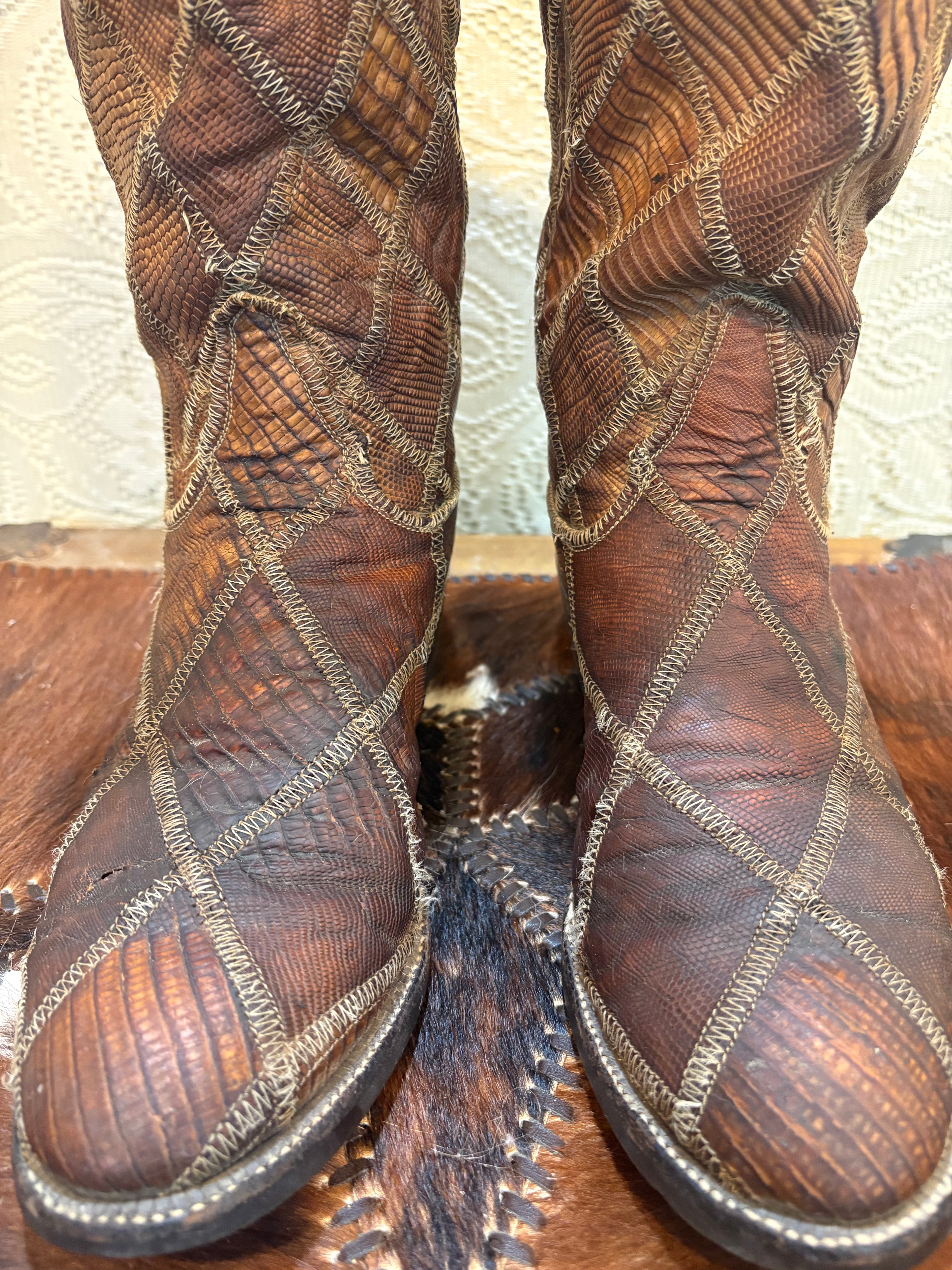 Vintage Black Label Tony Lama Exotic Reptile Patchwork Cowboy Western Boots 9 1/2 D