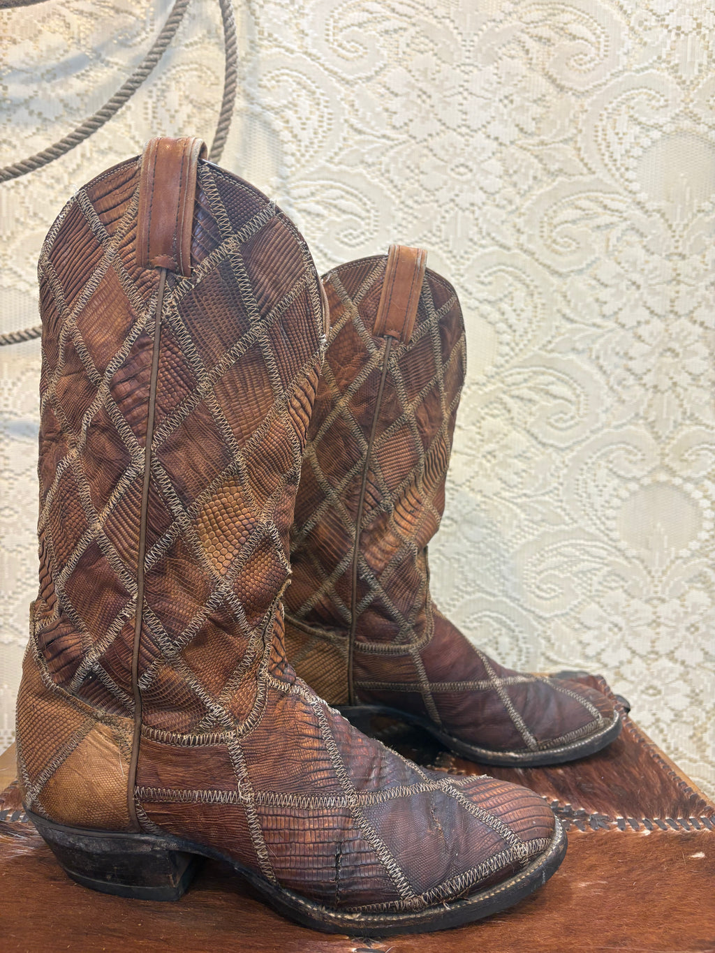 Vintage Black Label Tony Lama Exotic Reptile Patchwork Cowboy Western Boots 9 1/2 D