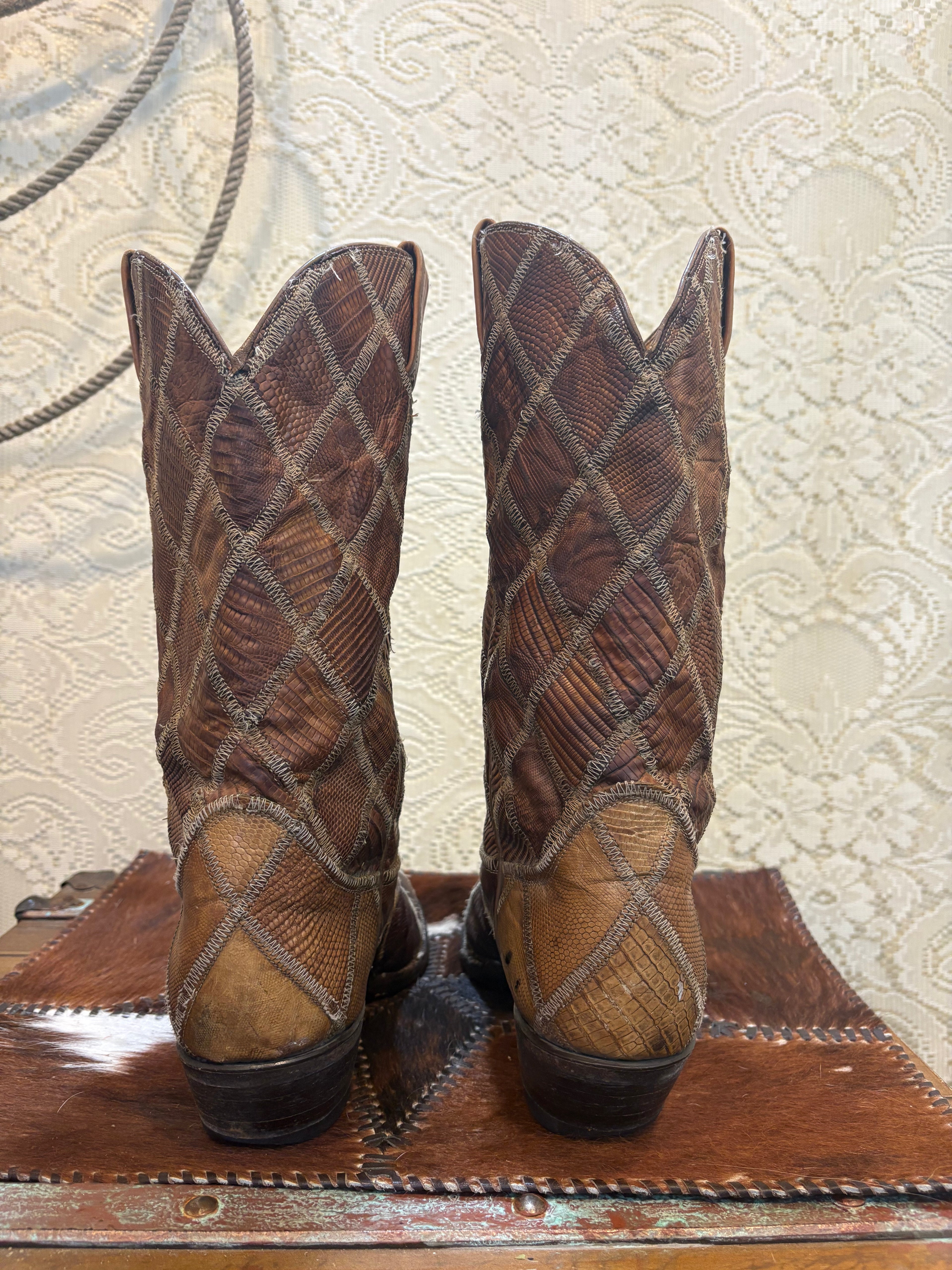 Vintage Black Label Tony Lama Exotic Reptile Patchwork Cowboy Western Boots 9 1/2 D