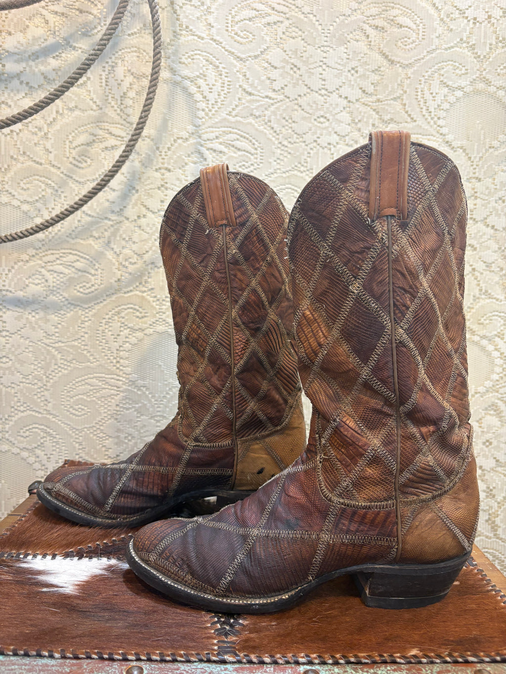 Vintage Black Label Tony Lama Exotic Reptile Patchwork Cowboy Western Boots 9 1/2 D