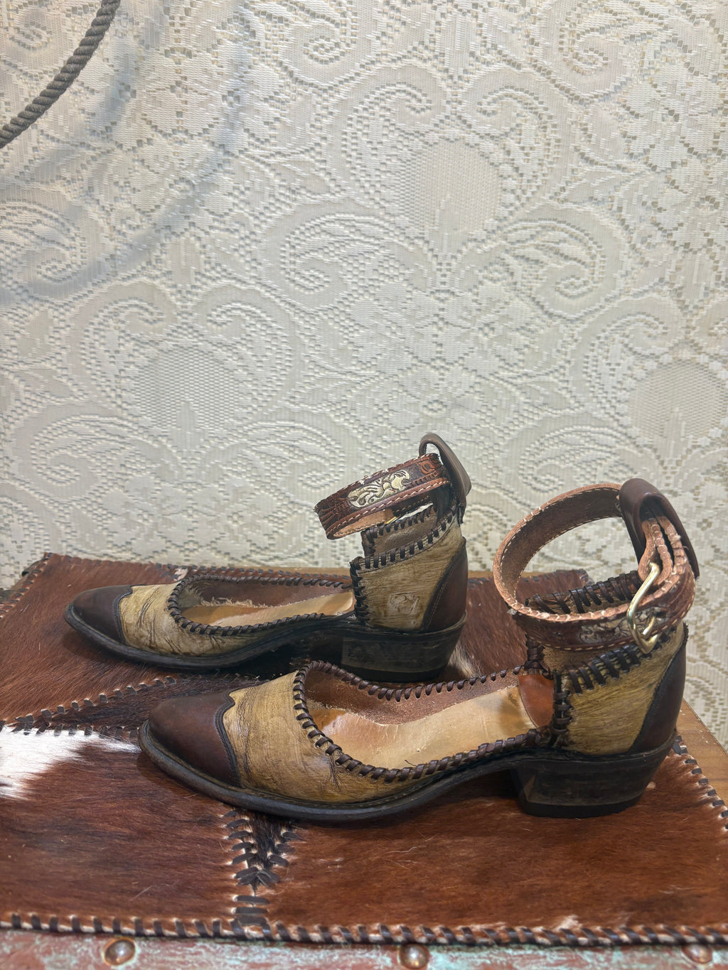 Handcrafted Mules with Ankle Straps made from Vintage Cowboy Boots size 8.5