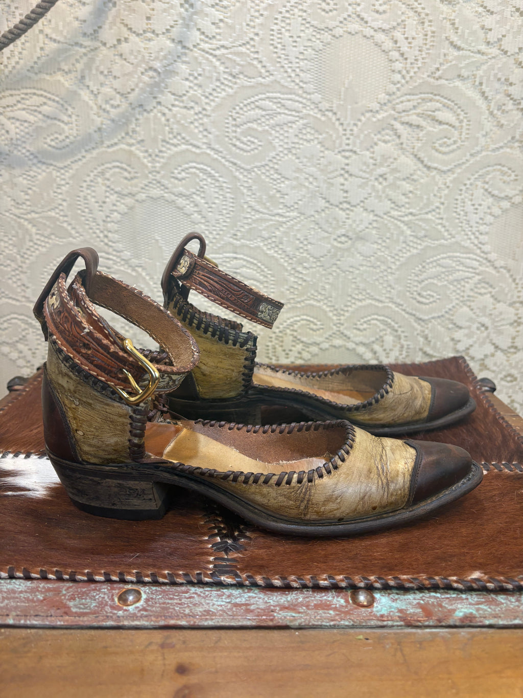 Handcrafted Mules with Ankle Straps made from Vintage Cowboy Boots size 8.5