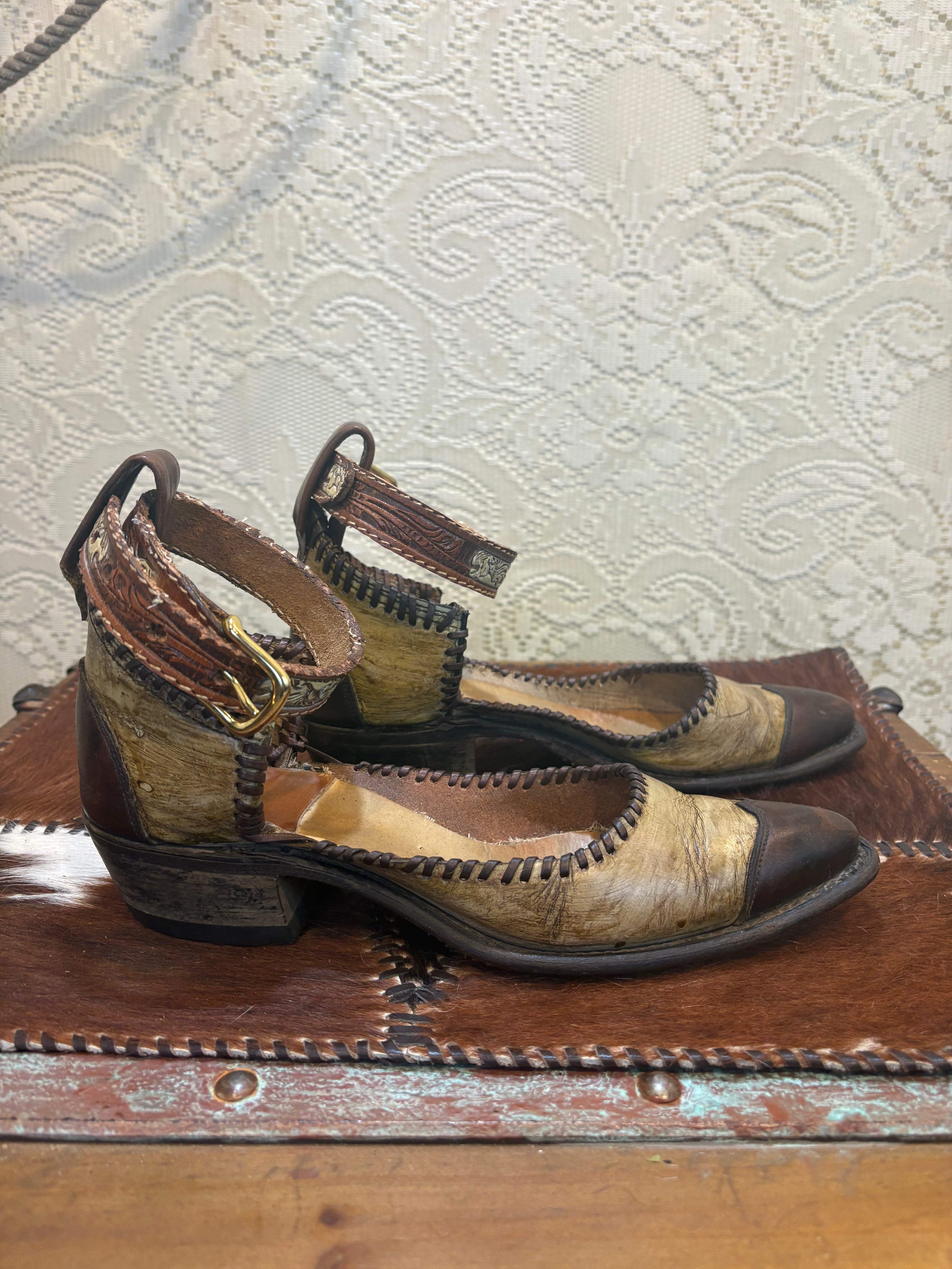 Handcrafted Mules with Ankle Straps made from Vintage Cowboy Boots size 8.5