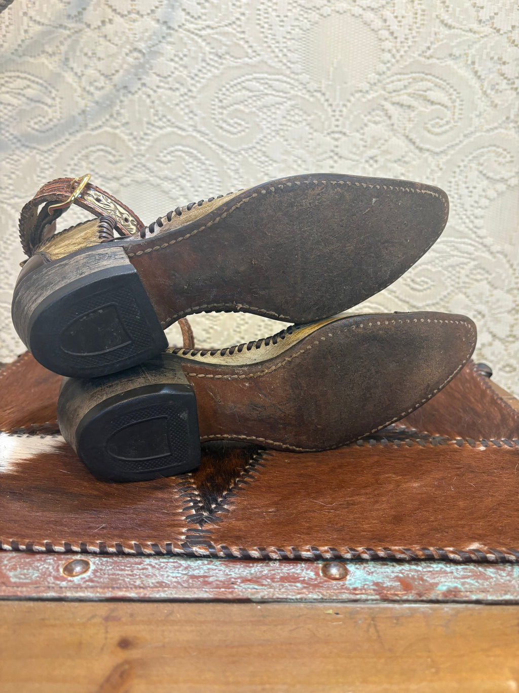 Handcrafted Mules with Ankle Straps made from Vintage Cowboy Boots size 8.5