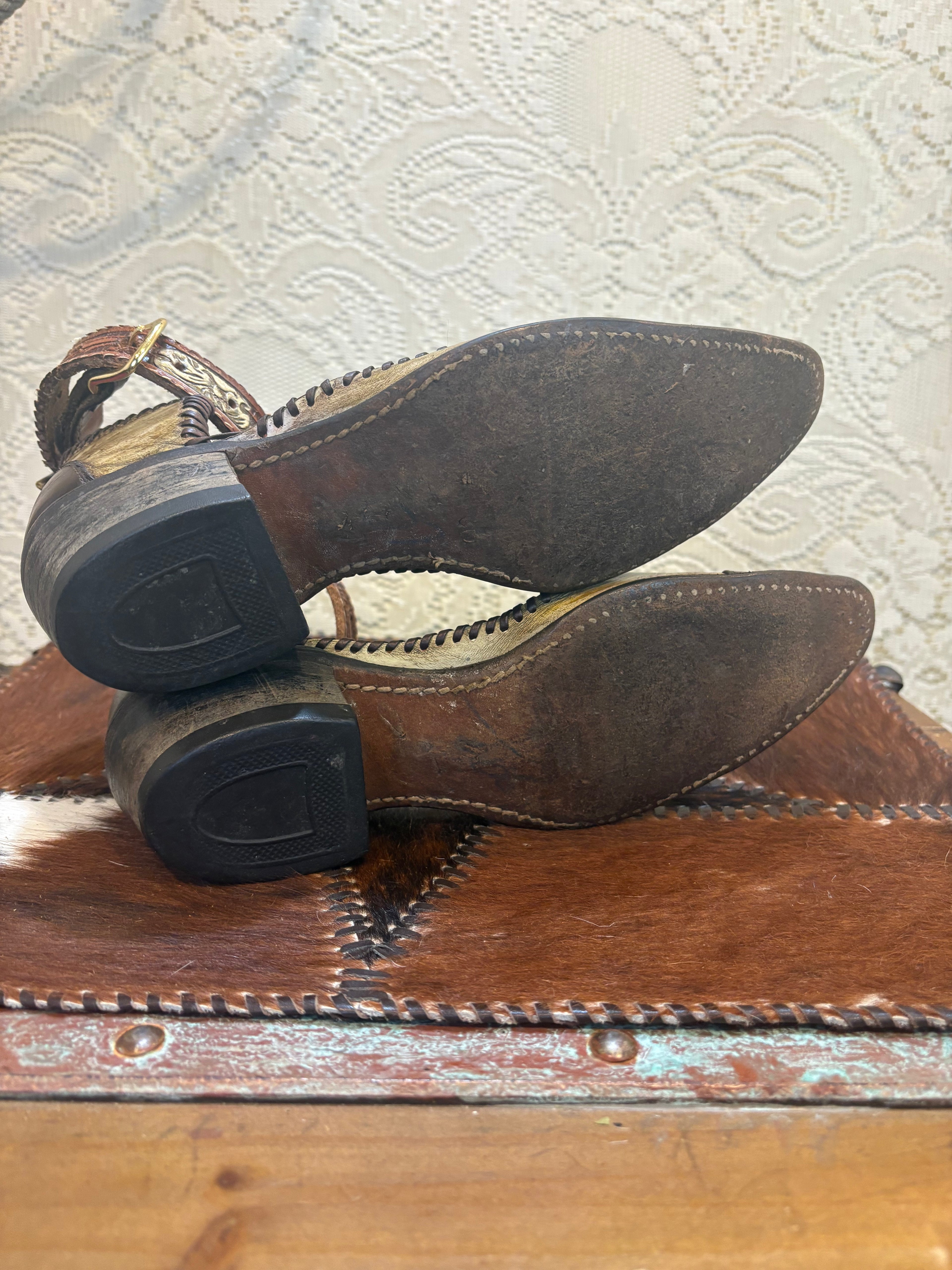Handcrafted Mules with Ankle Straps made from Vintage Cowboy Boots size 8.5