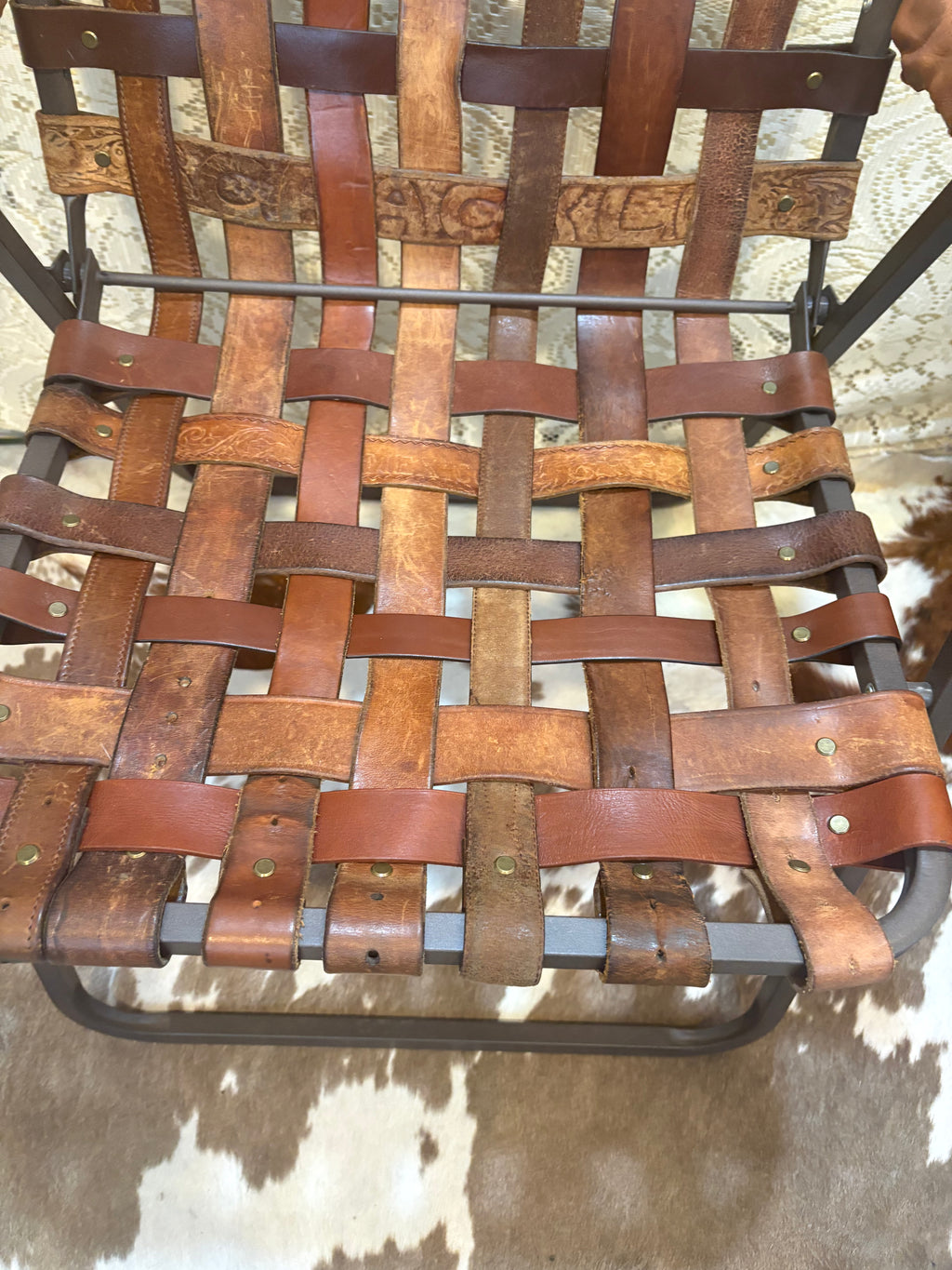 Handcrafted Vintage Western Leather Belt Lawn Chair