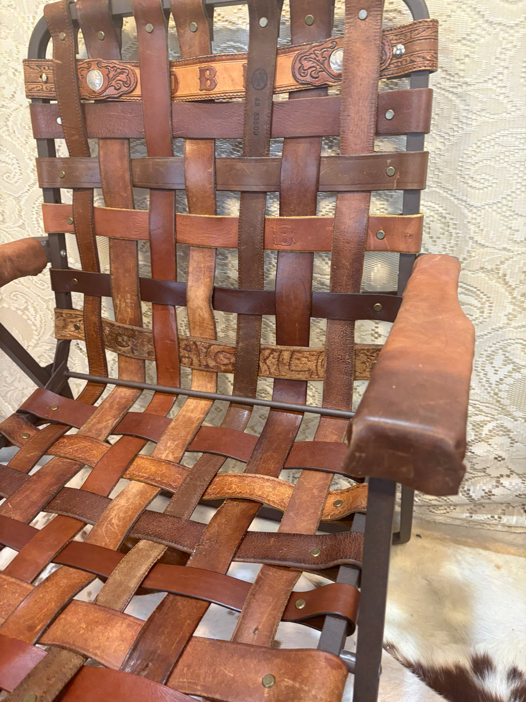 Handcrafted Vintage Western Leather Belt Lawn Chair