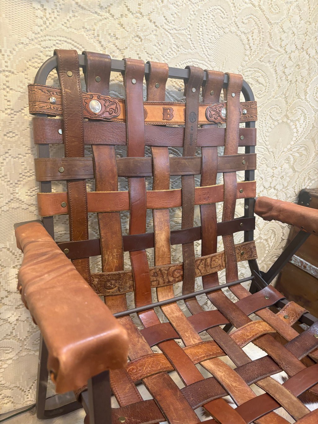 Handcrafted Vintage Western Leather Belt Lawn Chair