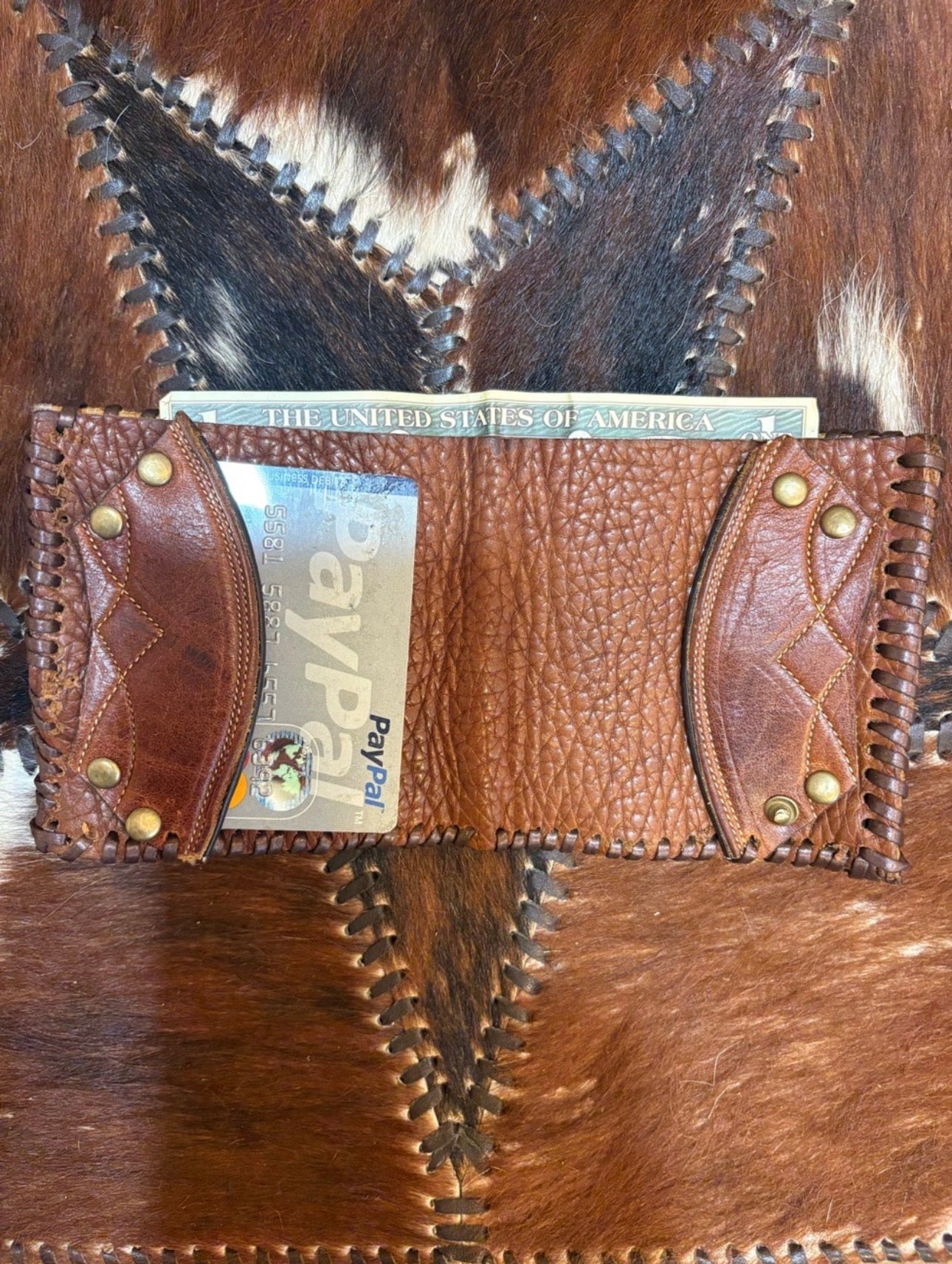 Vintage Brown Leather Cowboy Boot Bifold Wallet with Brass Accent