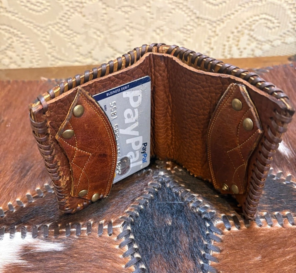 Vintage Brown Leather Cowboy Boot Bifold Wallet with Brass Accent