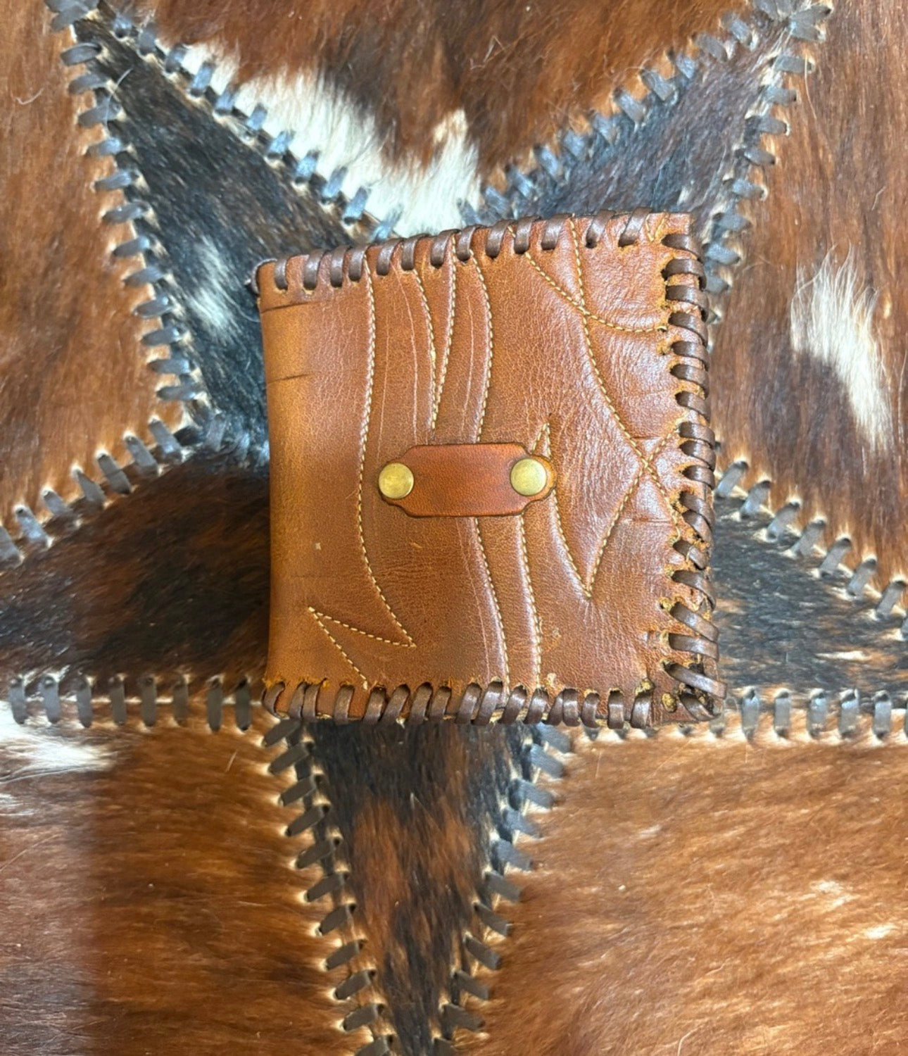 Vintage Brown Leather Cowboy Boot Bifold Wallet with Brass Accent