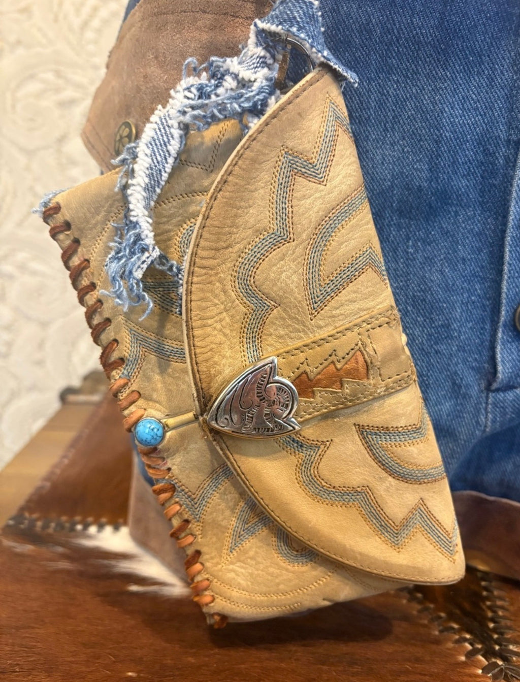 Vintage Tan Leather Cowboy Boot Western Clutch with Turquoise Accent