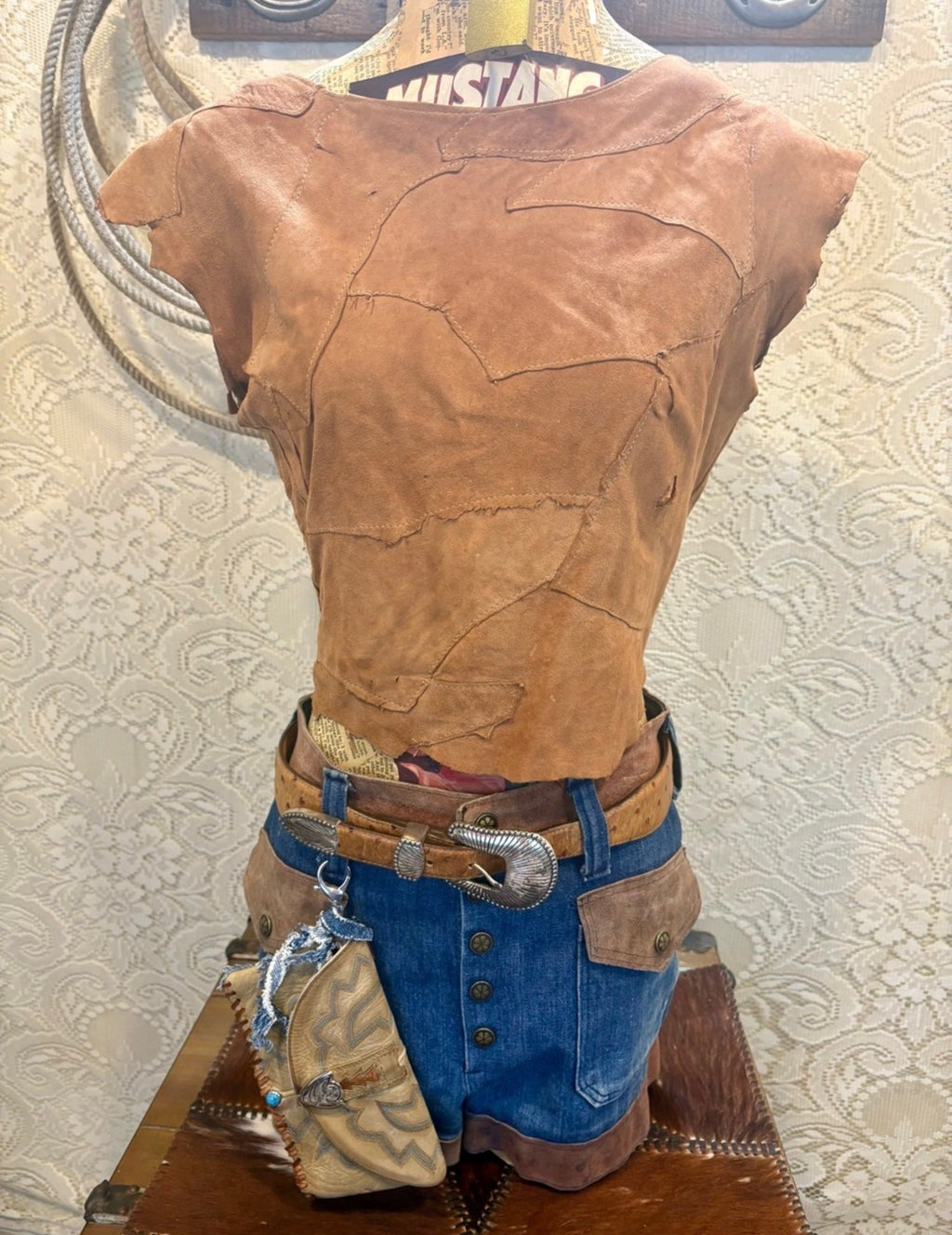 Vintage Tan Leather Cowboy Boot Western Clutch with Turquoise Accent