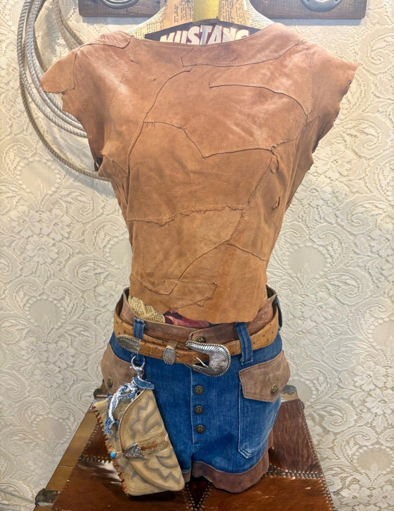 Vintage Tan Leather Cowboy Boot Western Clutch with Turquoise Accent
