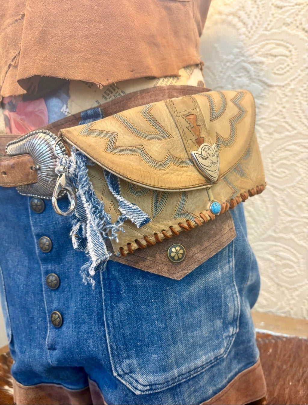 Vintage Tan Leather Cowboy Boot Western Clutch with Turquoise Accent