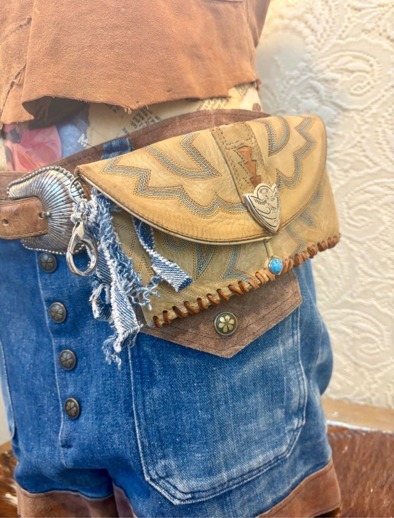 Vintage Tan Leather Cowboy Boot Western Clutch with Turquoise Accent