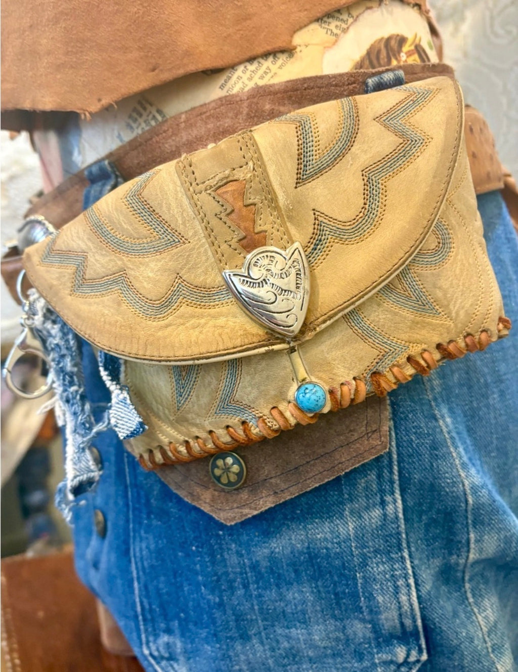 Vintage Tan Leather Cowboy Boot Western Clutch with Turquoise Accent