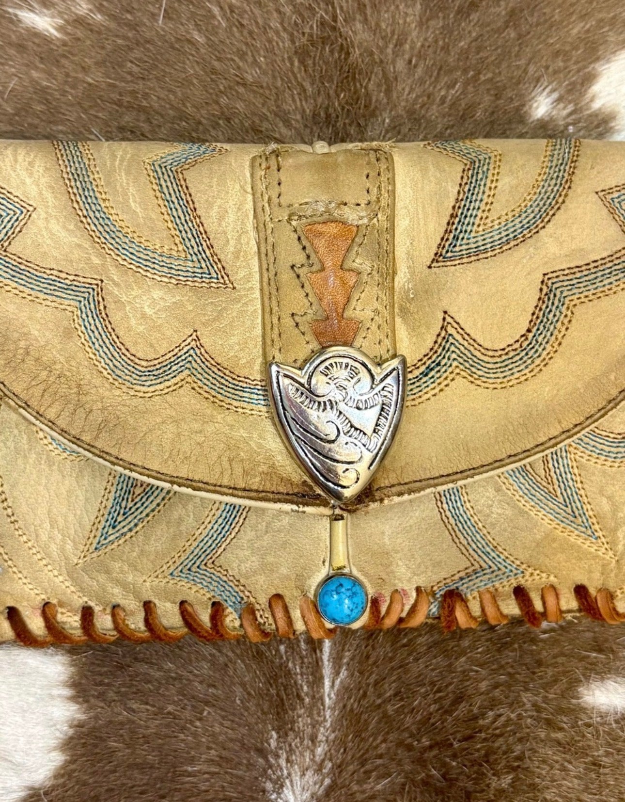 Vintage Tan Leather Cowboy Boot Western Clutch with Turquoise Accent